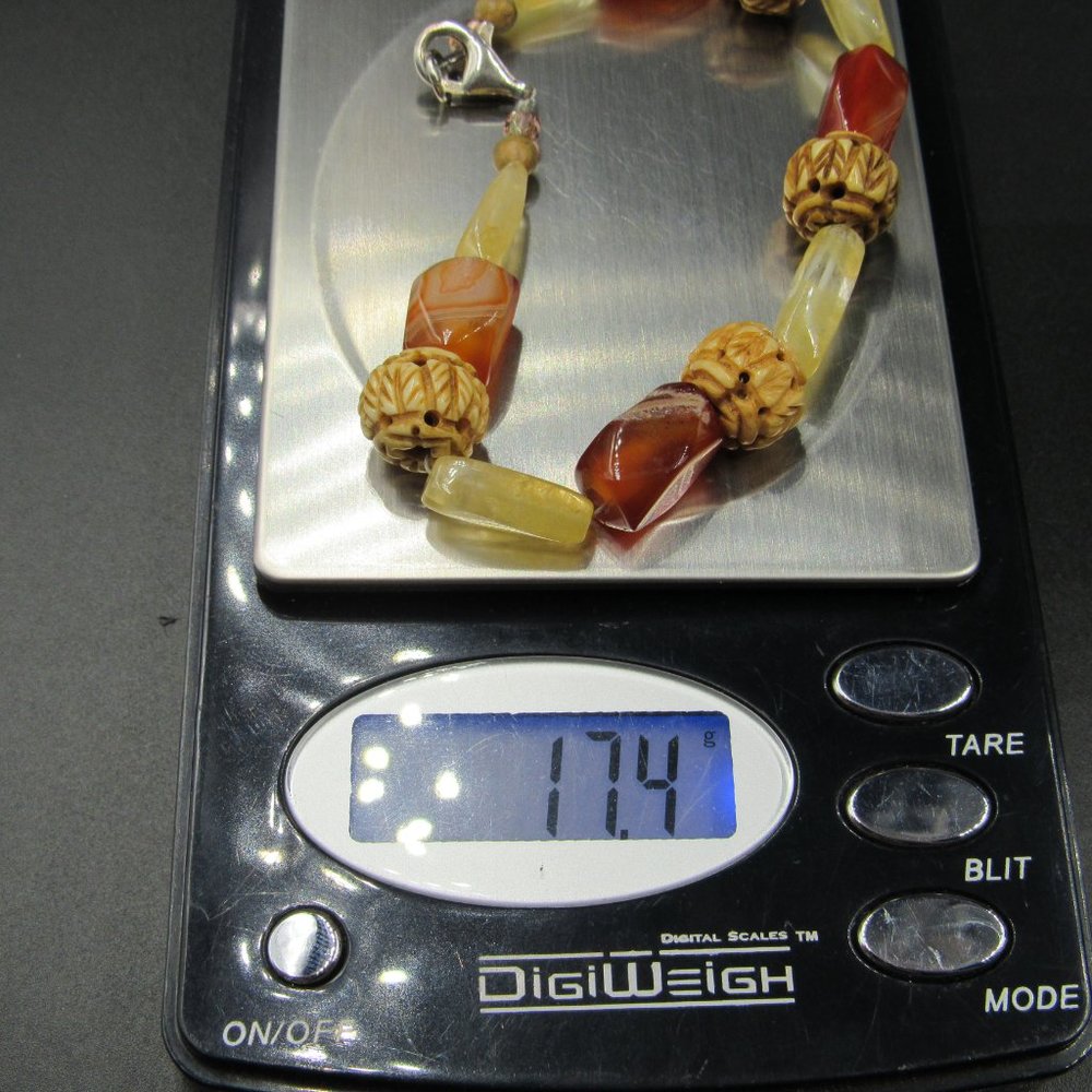 8" Sterling Silver Carved Wood & Rough Citrine Stone Bracelet Vintage - Picture 5 of 5